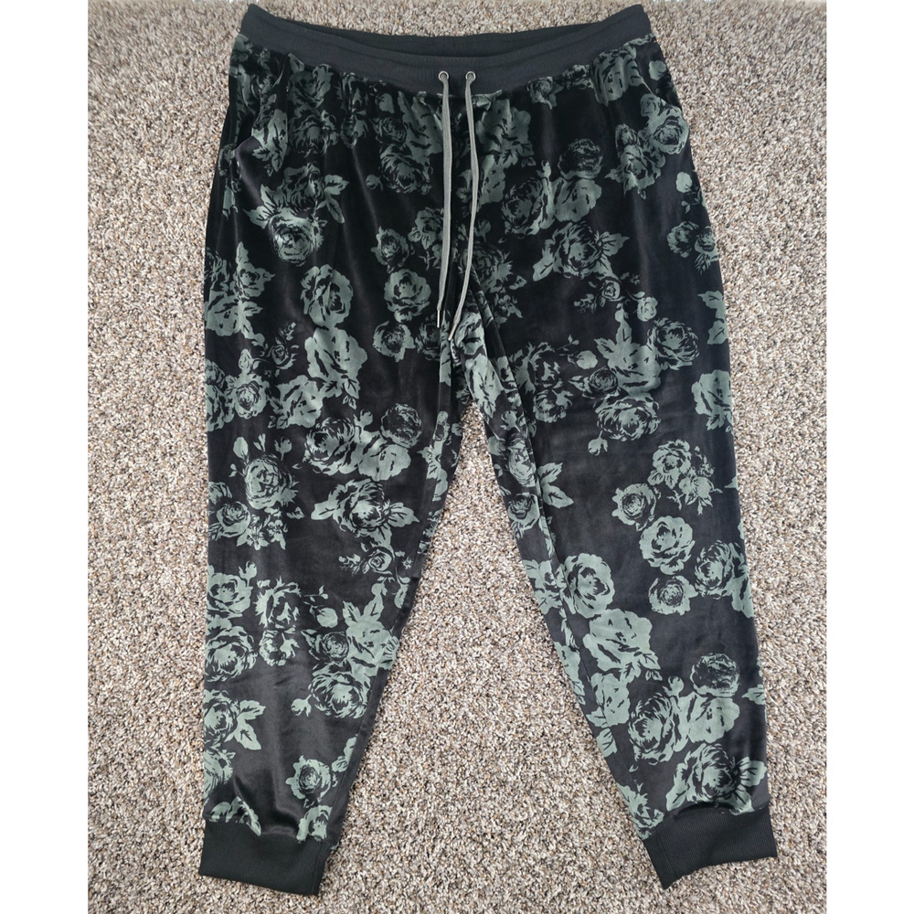 Cozy Womens Sz 3X Jogger Lounge Pants Velour Black Green Floral Ultra Soft